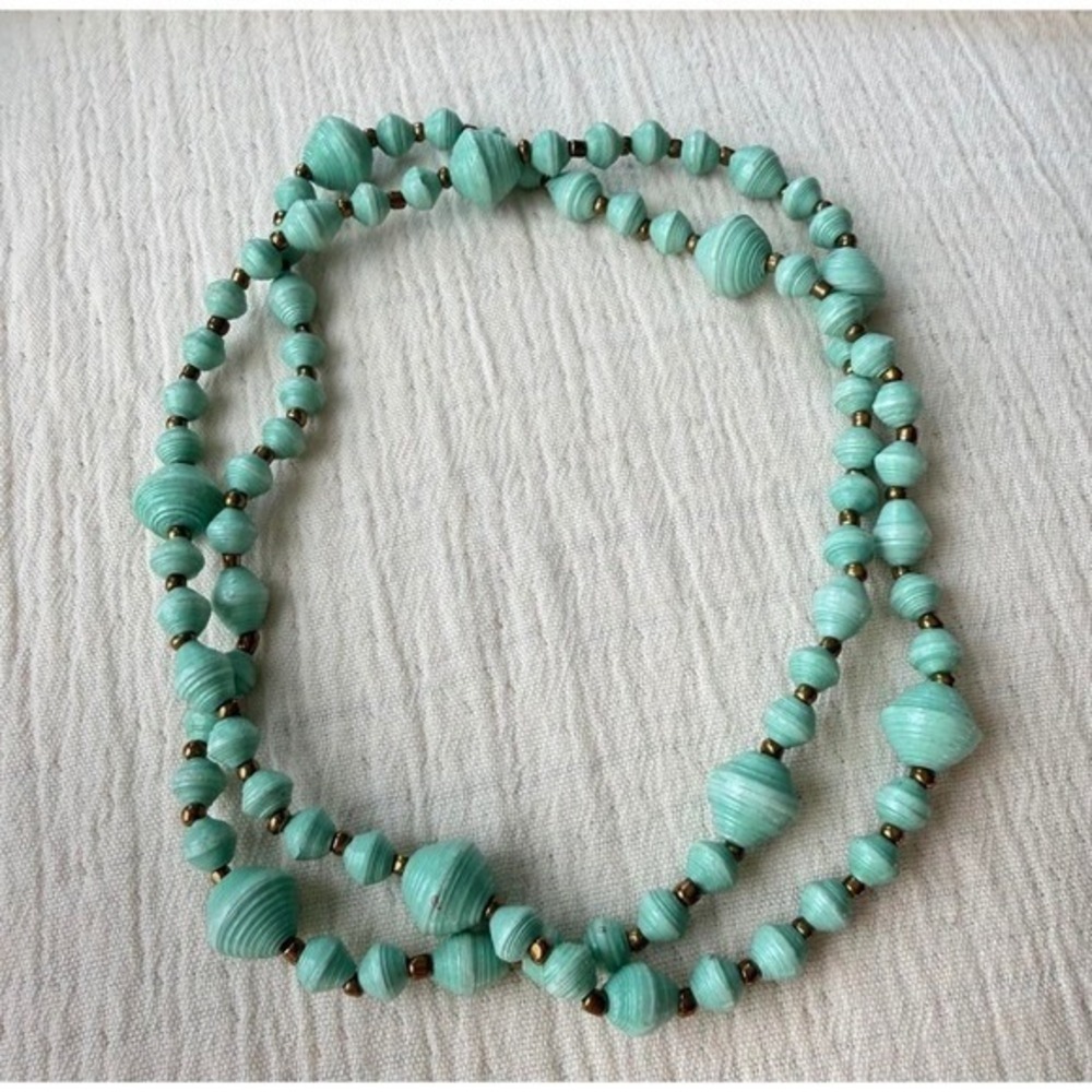 Handmade Paper Bead Necklace Turquoise OS Boho Artisan Lightweight Long Strand